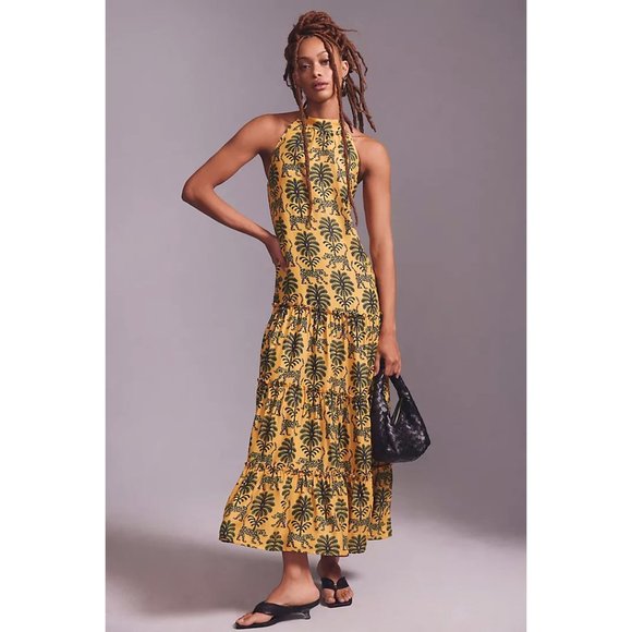 Anthropologie Farm Rio Jungle Tiger & Leaves Paisley Tiered Satin Halter Dress - Picture 2 of 5